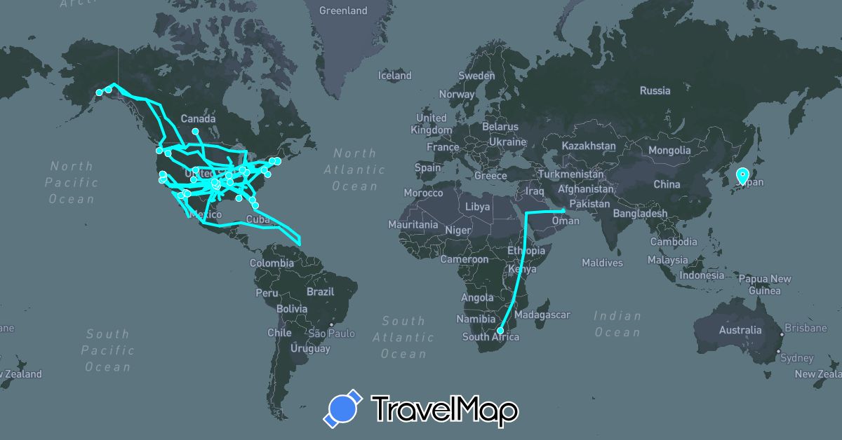 TravelMap itinerary: driving, ferry in United Arab Emirates, Bahamas, Canada, Dominican Republic, Ethiopia, France, Grenada, Jamaica, Japan, Kenya, Saint Lucia, Malawi, Mexico, Saudi Arabia, Turks and Caicos Islands, Trinidad and Tobago, United States, South Africa (Africa, Asia, Europe, North America)