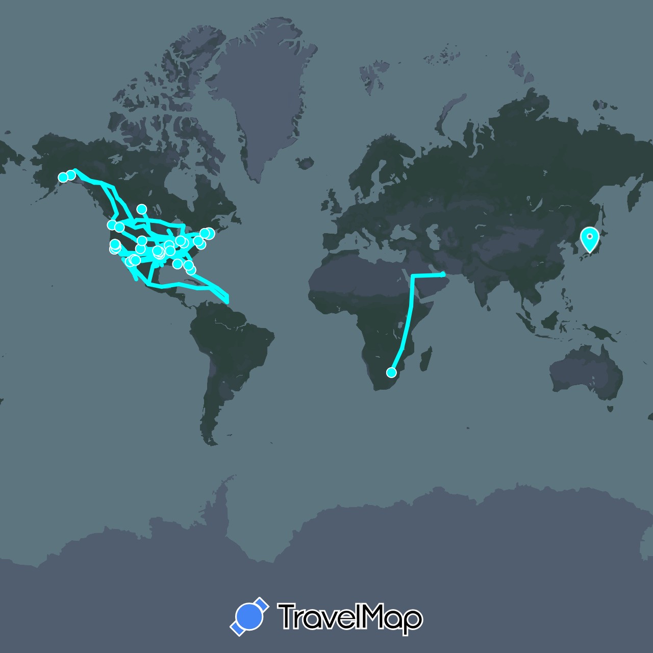 TravelMap itinerary: driving, ferry in United Arab Emirates, Bahamas, Canada, Dominican Republic, Ethiopia, France, Grenada, Jamaica, Japan, Kenya, Saint Lucia, Malawi, Mexico, Saudi Arabia, Turks and Caicos Islands, Trinidad and Tobago, United States, South Africa (Africa, Asia, Europe, North America)